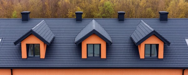 Three Dormer Windows on Black Tiled Roof, Autumn Trees Backdrop, Residential Architecture, Real Estate, Exteriors, Housing, Property