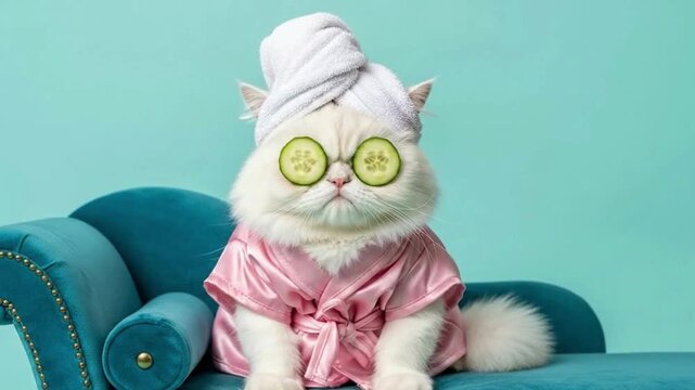 Fluffy white cat in spa robe and towel with cucumber eyes relaxes on velvet sofa