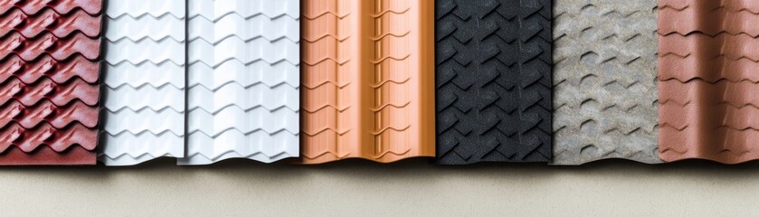 Variety of roofing materials showcased in a color spectrum - red, white, orange, black, gray and brown shingles, roofing, construction