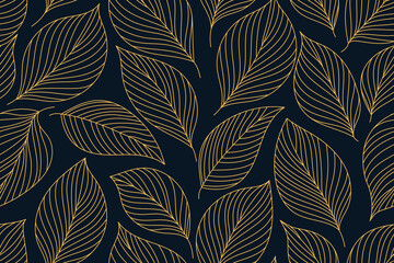 Seamless golden pattern with elegant leaf motifs and flowing lines, perfect for luxury floral backgrounds, art deco designs, or botanical wallpaper projects.