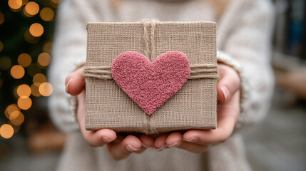 Hand holding rustic gift wrapped in fabric with heart decoration