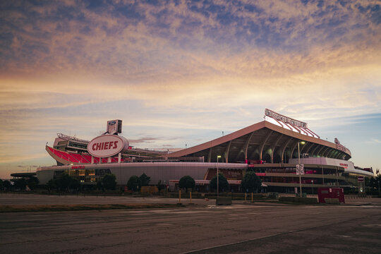 Sunset at Arrowhead Stadium, home of the Kansas City Chiefs, in Kansas City, Missouri, June 2023
