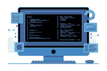 A computer monitor displaying lines of code on its screen with various programming symbols and icons surrounding it.