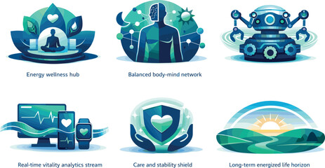 Energy Restoration Ecosystem. End-to-end energy restoration ecosystem illustration showcasing sustained vitality, six symbolic