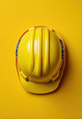Yellow hard hat safety helmet construction protective gear top view plastic industrial equipment isolated background