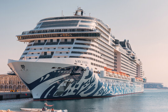 30 November 2025, Doha, Qatar: MSC Euribia cruise ship porting, showcasing its distinctive hull artwork. Nautical travel and vacation concept