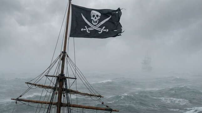 Barco pirata antiguo navegando en mar embravecido bajo un cielo tormentoso. La bandera Jolly Roger ondea en el m&aacute;stil, creando una escena oscura, &eacute;pica y cinematogr&aacute;fica llena de misterio y aventura.