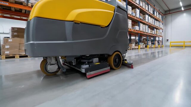Industrial cleaning machine performing sanitation warehouse floor and aisle with equipment maintaining spotless environment and efficient industrial