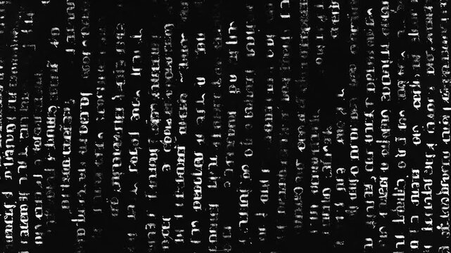Vertical abstract grunge text pattern with analog distortion and noise, cinematic glitch background for experimental visuals and transitions