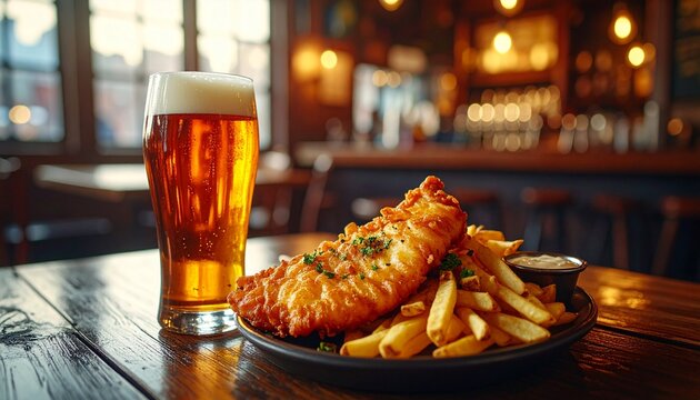 Classic British Pub Food with Pint of Ale. Traditional British Food