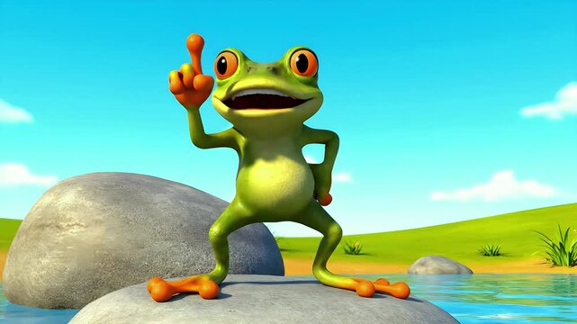 A cartoon frog appears to dance on a rock near water. Suitable for children's story, music events, and education. Illustration, animals, music, fun, colorful
