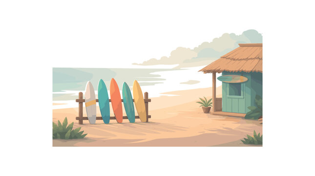 Flat vector background illustration of calm surfboard rack silhouette near beach hut with soft sea mist style clean 2D shapes no outlines minimal details matte colors layered depth gentle