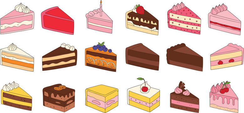 Large collection of eighteen different gourmet cake slices with various frostings fruit toppings and layers isolated on white background flat vector illustration set