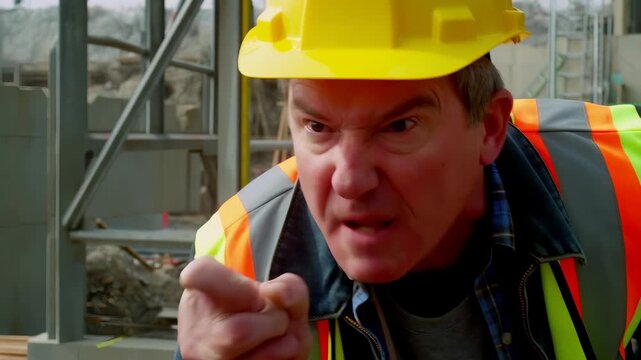 Angry construction worker wearing a yellow hard hat and safety vest, intensely shouting and gesturing at a construction site, conveying frustration and workplace conflict