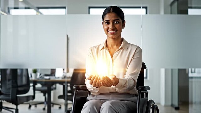 Confident woman using a wheelchair holds her hands forward offering light.  Give to Gain concept for International Women&rsquo;s Day.