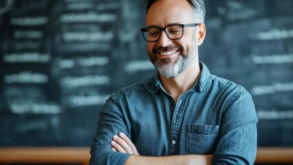 Confident man teacher standing in elementary classroom with arms crossed, showcasing engaging presence and expertise in subject matter while surrounded by educational materials