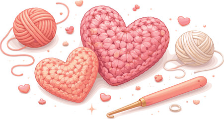 Crochet Hearts Design. Handmade crochet hearts illustrated with rounded loops and cozy textile depth, modern flat vector