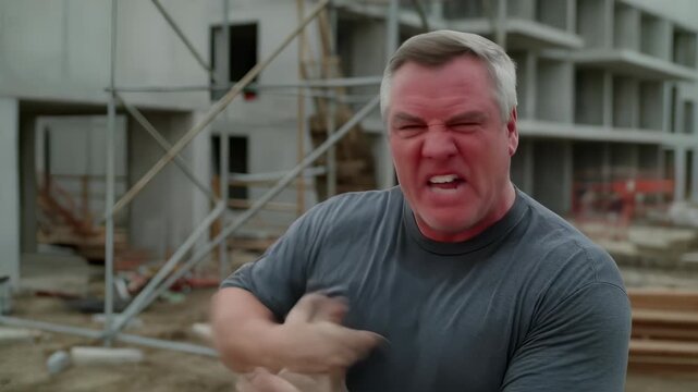 Angry middle aged man with a frustrated expression shouting and gesturing angrily, standing in front of a scaffolding structure at a construction site, showing stress and conflict