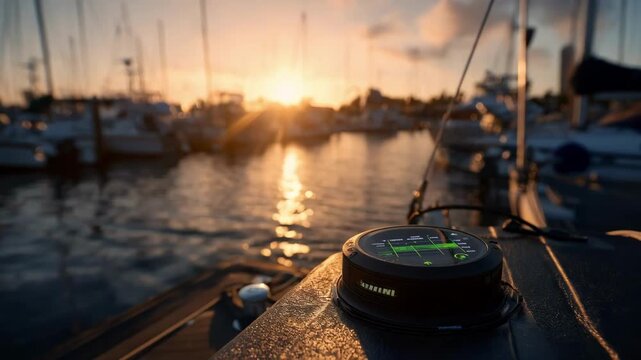 Medium shot of a GPSenabled docking sensor displaying precise location data to guide boats safely into marina slips during sunset hours.