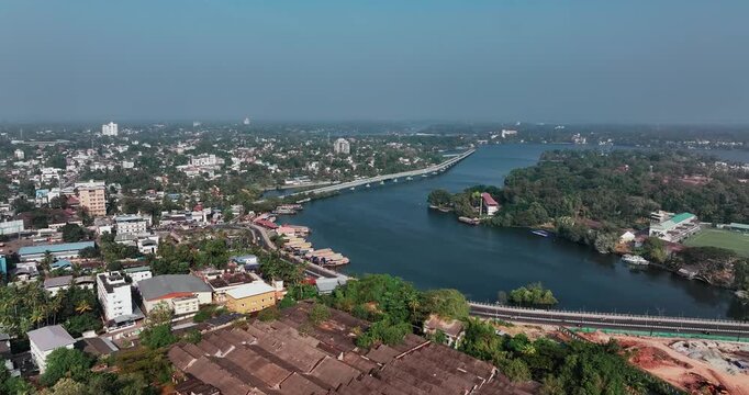 Aerial view of Kollam city in the state of Kerala, on India's Malabar Coast. It&rsquo;s known as a trade hub and for its beaches, like lively Kollam and secluded Thirumullavaram. Bridge to nowhere, Kollam.
