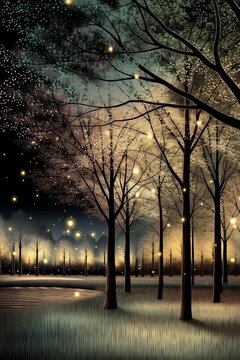 AI-generated animated illustration of a meadow full of fireflies surrounded by trees