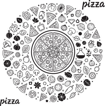 Circular mandala pattern of pizza ingredients and whole pizza, black and white vector art.