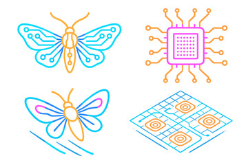 Luminous Circuit Moth. Isometric vector illustration set Moth Wing Circuit: luminous circuit wings, neon microchip nodes, floating