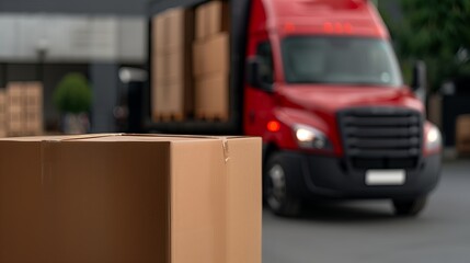 Delivery truck parks near cardboard box at warehouse loading area