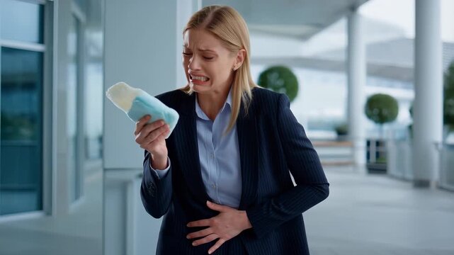 Sad businesswoman standing outdoors, holding a menstruation pad, and pressing her hand to her abdomen due to severe period pain and feeling unwell during her workday