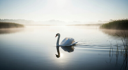 Fototapeta premium Serene white swan gliding across calm lake waters at sunrise with misty background and reflections