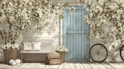 Charming springtime entryway decorated with blossoming trees and vintage furnishings