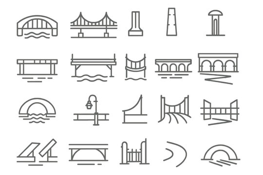 Bridge Icon Collection. Line style icons of bridges and structures: arch bridge, suspension bridge, wooden bridge, steel beam,