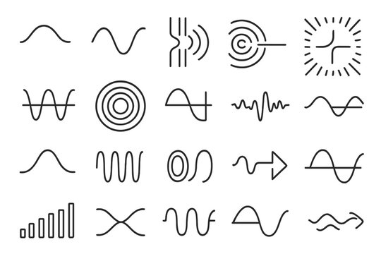 Wave Interference Icons. Line style icons of wave interference: crest, trough, double slit, ripple overlap, standing wave,