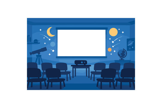 Flat vector illustration of an astronomy club classroom without people: empty chairs silhouettes projector silhouette and blank screen with abstract stars style clean 2D shapes no outlines