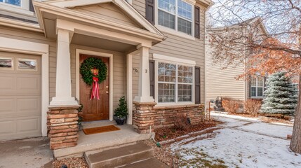 Residential dwelling entryway features holiday decoration during winter weather conditions
