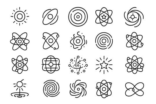 Cosmic Atom Icons. Line style icons of cosmic atoms: glowing nucleus, planetary orbit, cosmic field, atomic star, spiral energy,