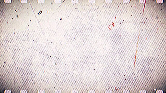 Vintage looping film strip background. 4K reel clutter old tv grain noise frame. Videotape texture overlay with scratches and dirt stains. Lens flare light leaks effect
