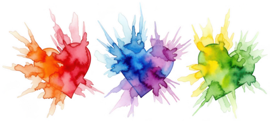 Valentine Three colorful watercolor hearts exploding with vibrant paint splashes on transparent background