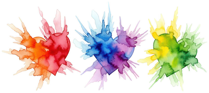 Valentine Three colorful watercolor hearts exploding with vibrant paint splashes on transparent background