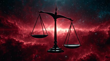 Cosmic scales of justice against a vibrant galaxy, symbolizing balance and fairness. Ideal for legal services branding and astrology themes.