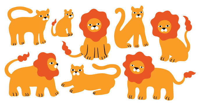 Cartoon lions. Cute lion, lionesses and cubs, wild animals, jungle family in different poses, pride in savannah, zoo, simple funny doodle style set isolated background for print, stickers, decoration