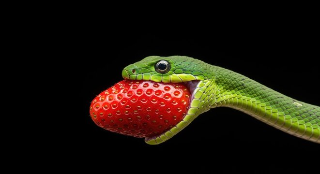 A curious green garden snake happily devours a ripe red strawberry, illustrating an unusual vegetarian diet for a typically carnivorous reptile, health, coiled, concept