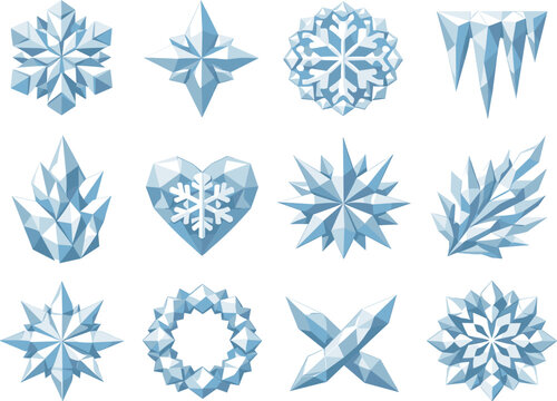 Geometric Snowflake Icons. Frosty snow lace and intricate ice patterns visualized as a low-poly vector icon set with sharp polygon