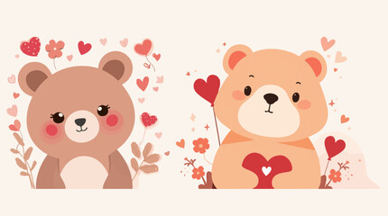 illustration of a cute bear on a Valentine's Day theme, featuring a flat design style with bold lines, pastel colors, and a minimalist aestheti
