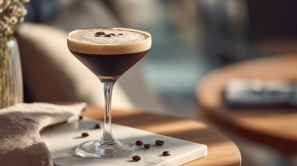 Elegant espresso martini cocktail, editorial lifestyle photography, overhead flat lay or 90-degree angled shot, vertical format, soft daylight or studio-mimicked natural light, warm neutral tones