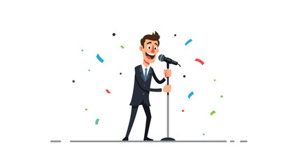 Enthusiastic man in a suit singing into a microphone on stage, surrounded by colorful falling confetti, celebrating a successful performance or achievement.