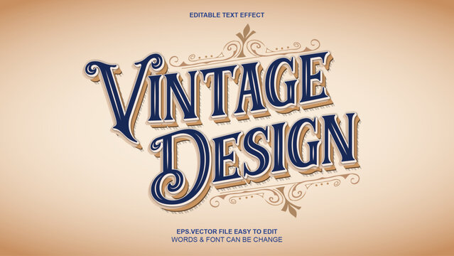 Vintage design editable text effect, classic blue and gold retro typography, 3d victorian style font on beige background
