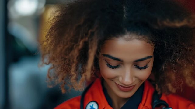 Portrait of a confident multiethnic female paramedic in bright uniform ready to assist in emergency situations at a medical facility