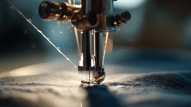 Close-up of a sewing machine needle piercing fabric, thread tension clearly visible in soft daylight. Shallow depth of field emphasizes quiet concentration, precision, and the calm rhythm of craft.
