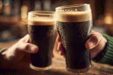 Two hands clinking dark Irish stout or pint beers in clear pint glasses in a warm pub setting for Saint Patrick's day– realistic lifestyle stock photo
